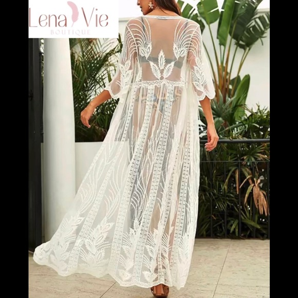 Embroidered Bone Gauze Lace Kimono Duster Robe In Ecru White, Open Tie Coverup - Picture 5 of 6